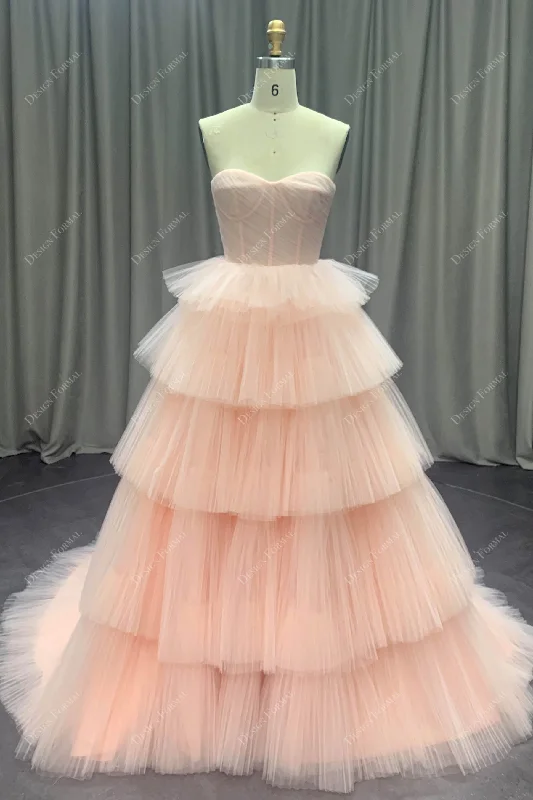 Draped Gown Pink Strapless Tiered Pleated Tulle Bridal Gown