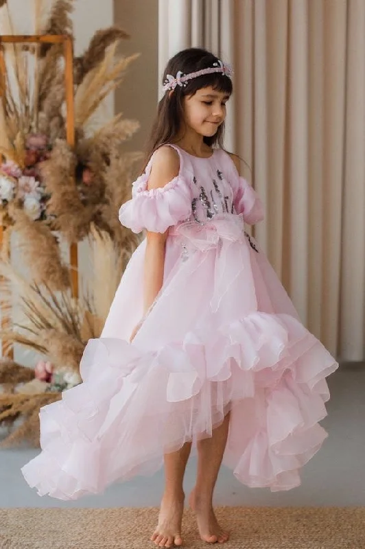 Lavish Evening Gown Bohemian A Line Pink Flower Girl Dress Off The Shoulder Party Gown