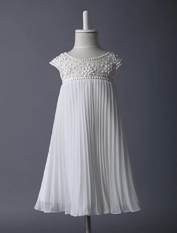 Open Back Dress Boho Beaded Ivory Flower Girl Dress Soft Pleated Kids Party Dresses