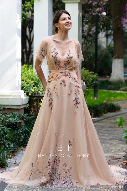 Pearl Embellished Gown Boho Colored Flower Lace Fit and Flare Spring Fall Wedding Dress Pearl Embellished Gown Boho Colored Flower Lace Fit and Flare Spring Fall Wedding Dress