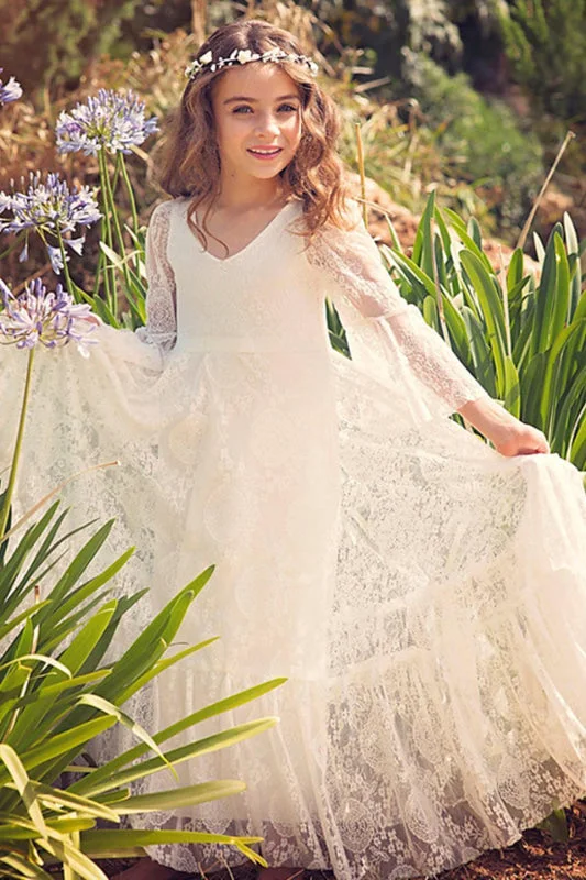 Draped Gown Boho Flower Girl Dress Long Sleeves Lace Briddesmaid Dress for Girls