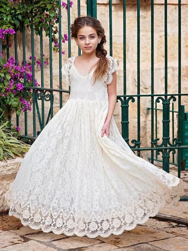 Fringe Gown Boho Ivory Short Sleeves Flower Girl Dresses A-Line Long Party Dresses for Kids