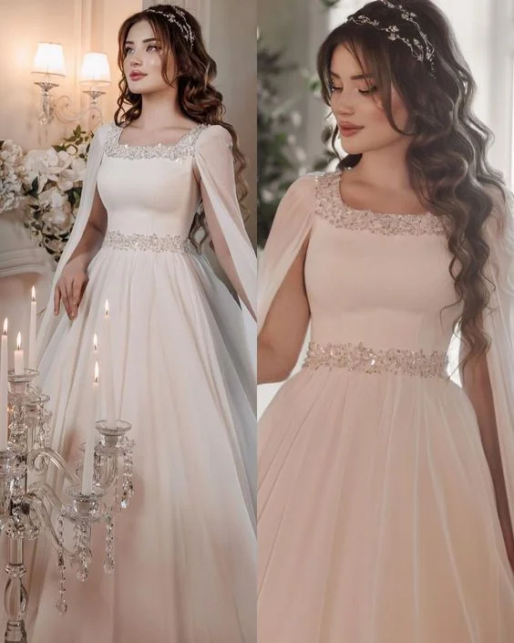 Draped Gown Boho Square Neck Wedding Dress with Sparkling Stone Crystals Cape Features Chiffon Sleeves Formal Event Gown fg3941 Draped Gown Boho Square Neck Wedding Dress with Sparkling Stone Crystals Cape Features Chiffon Sleeves Formal Event Gown fg3941
