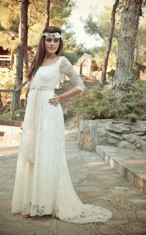 Halter Neck Dress Bohemian Half Sleeve Floor-Length Lace Dress-712389