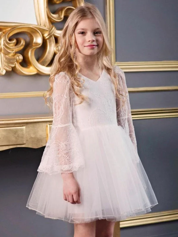 Modest Formal Dress Boho White Kids Social Party Dresses Puffy Sleeves Flower Girl Dresses