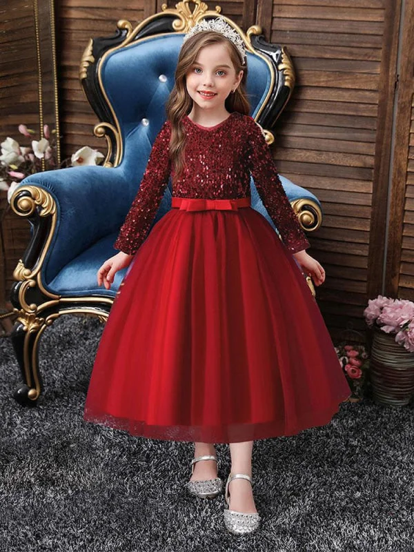 Sparkly Dress Burgundy Kids Social Party Dresses V-Neck Tulle Long Sleeves Flower Girl Dresses Sparkly Dress Burgundy Kids Social Party Dresses V-Neck Tulle Long Sleeves Flower Girl Dresses