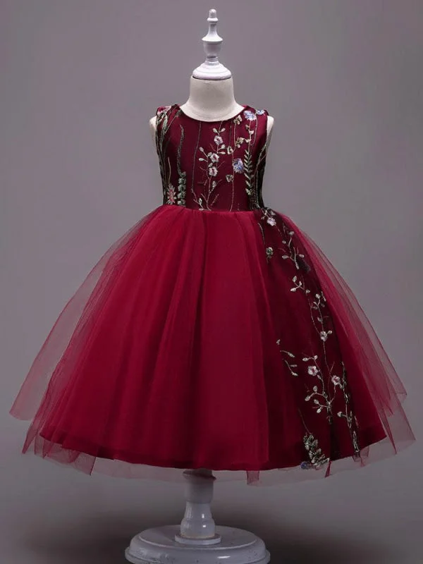 Drape Sleeve Dress Burgundy Lace Embroidered Kids Tutu Dress Tulle Sleeveless Little Girls Party Dress