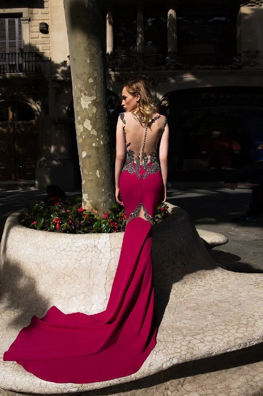 A-Line Gown Formal Open Back Mermaid Dress with Train in Burgundy