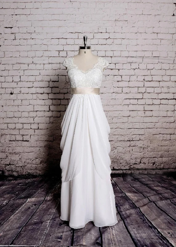 Elegant Beaded Dress Cap Sleeve V-Neck A-Line Long Chiffon Dress With Satin Band-ET_711587 Elegant Beaded Dress Cap Sleeve V-Neck A-Line Long Chiffon Dress With Satin Band-ET_711587