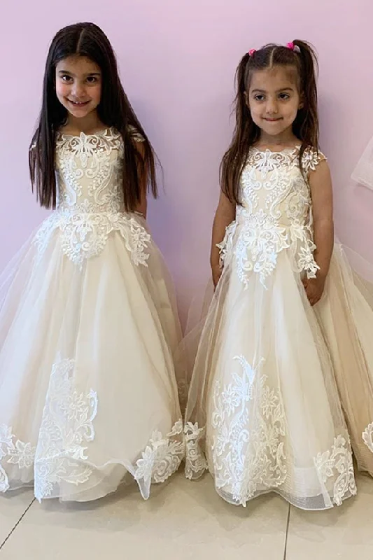High-Low Dress Cap Sleeves Ivory Flower Girl Dress with Lace Appliques