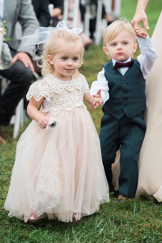 Evening Gown Cap Sleeves Lace-Top Champagne Flower Girl Dress