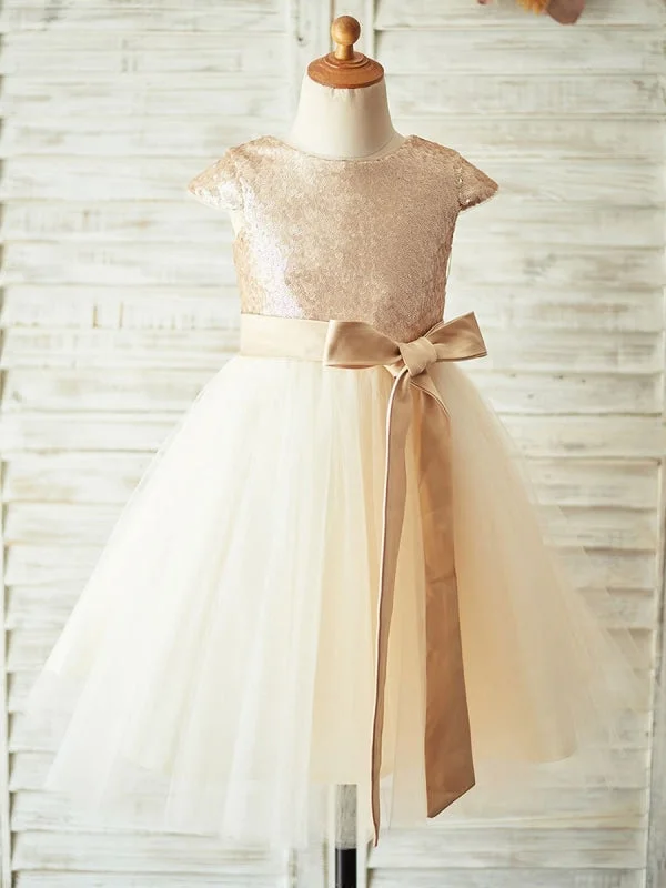 Rose Gold Dress Champagne Glitter Sequins Jewel Neck Short Sleeves Sash Kids Party Dresses