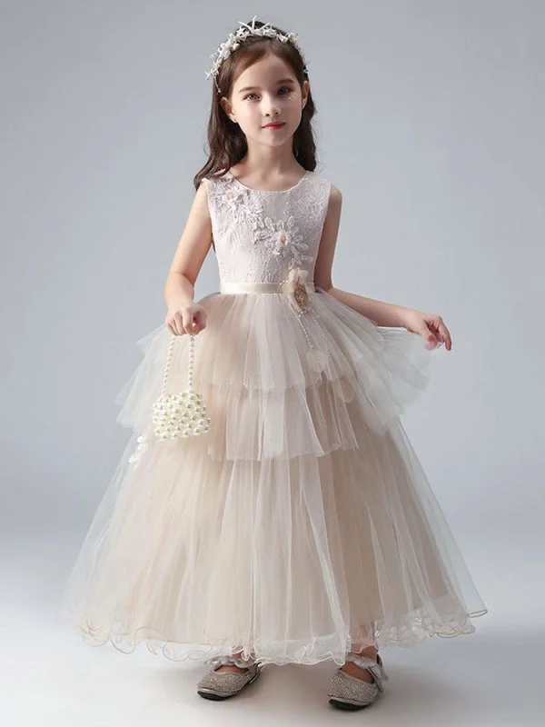 Beaded Dress Champagne Princess Flower Girl Dresses Jewel Neck Tulle Sleeveless Ankle-Length Formal Kids Pageant Dresses