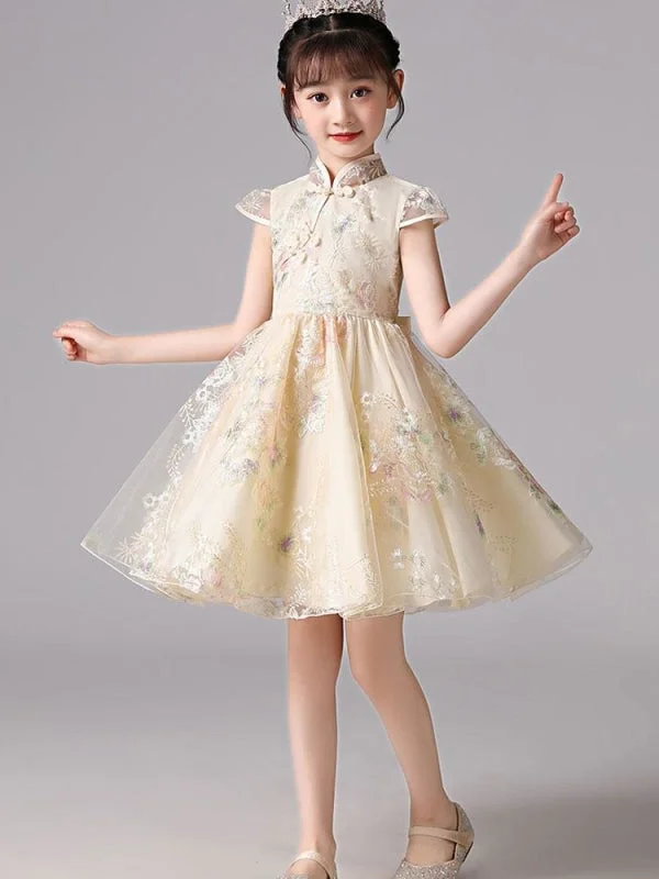 Knee-Length Dress Champagne Short Sleeves Flower Girl Dresses Bows Knee-Length Kids Party Dresses