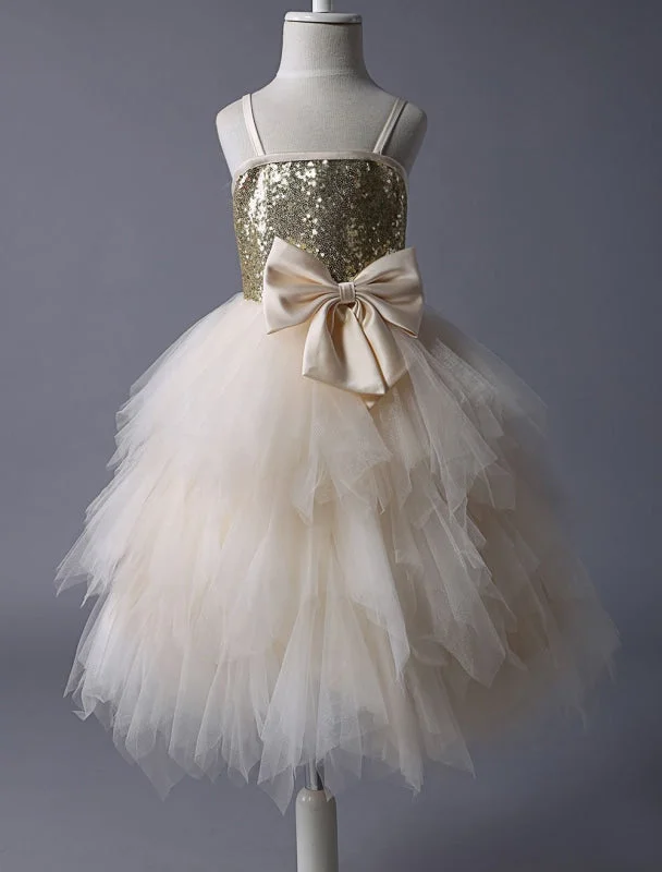 One-Shoulder Gown Champagne Tulle Ruffle Flower Girl Dress with Gold Sequins