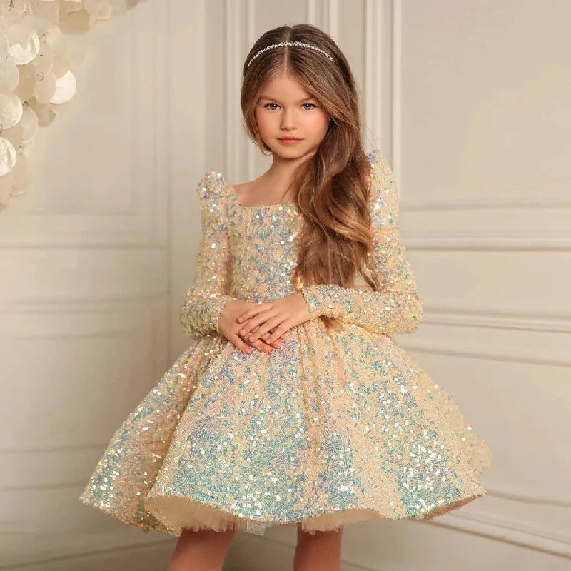 Brocade Formal Dress Charming Flowers Girls Dresses Sequin Pleat Square Collar
