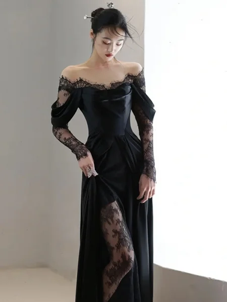Slit Gown Charming Satin Lace Long Prom Dress Wedding Dress   fg5055