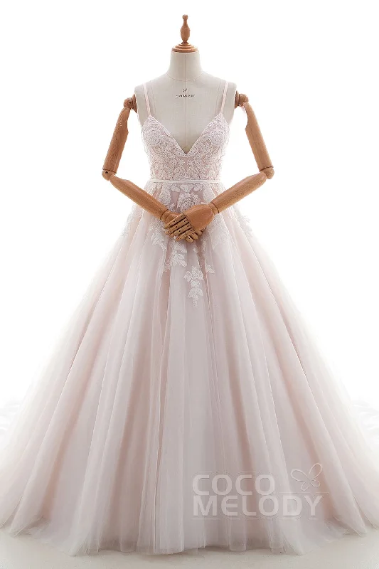 Romantic Evening Gown A-Line Chapel Train Lace and Tulle Wedding Dress LD4515