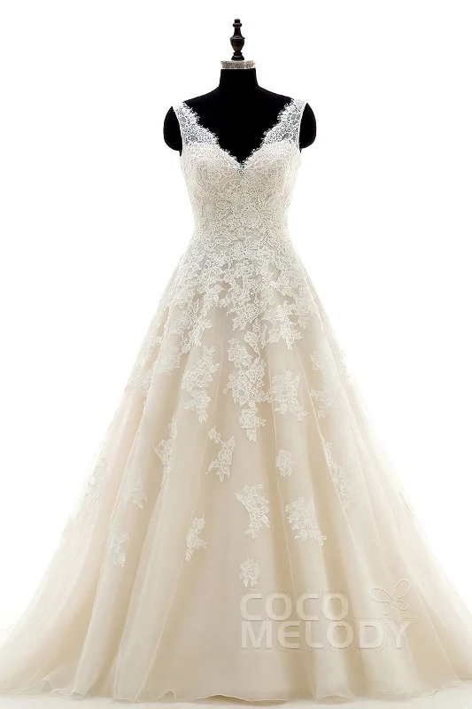 Floor-Length Satin Dress A-Line Court Train Tulle and Lace Wedding Dress CWAT16004