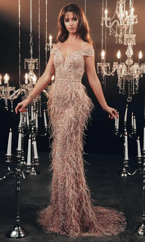 Subtle Shine Dress Chic and Holland HF110161 - Feathered Mermaid Evening Gown