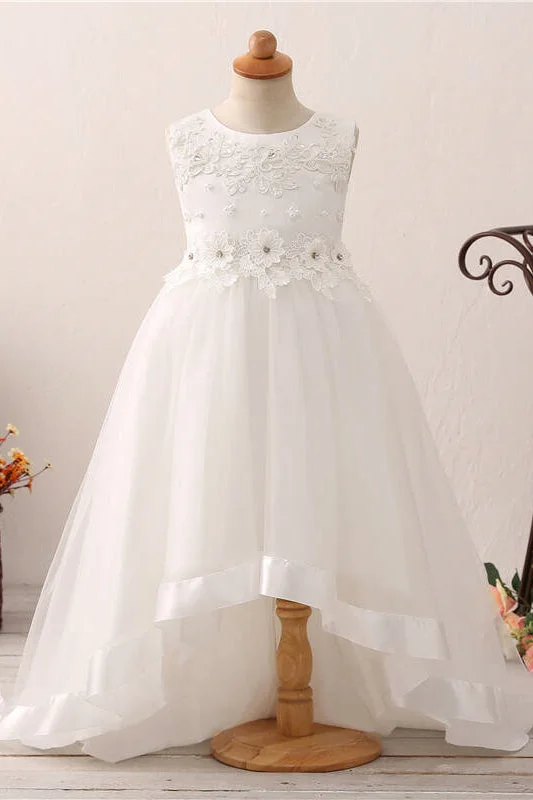 Off-Shoulder Gown Chic High Low Floral Appliques White Flower Girl Dress