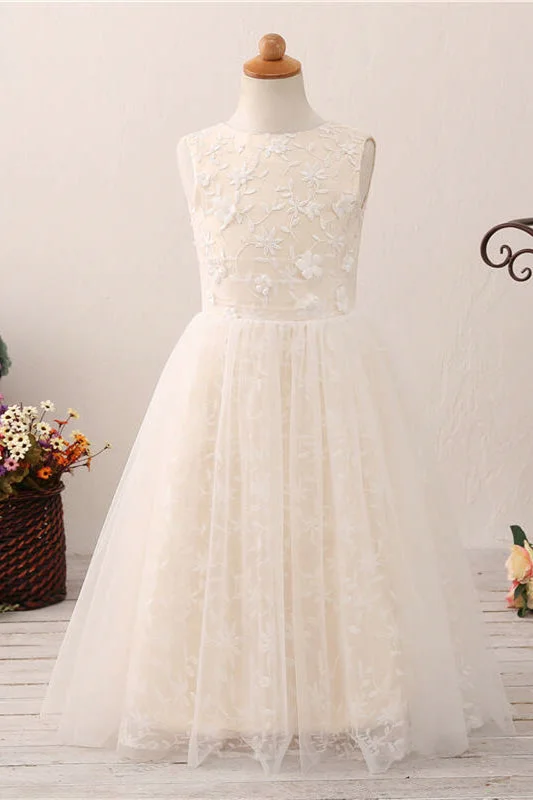 Unique Formal Dress Chic Hollow Back Ivory Flower Girl Dress with Lace Appliques