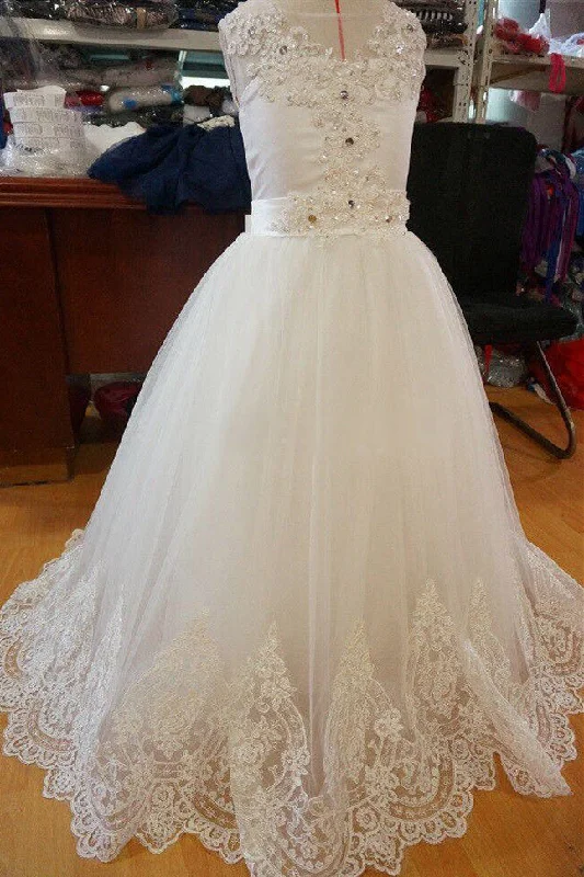 Designer Gown Chic Lace Edge Beaded Ivory Flower Girl Dress with Bow