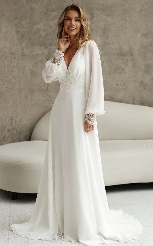 Lace Dress Chiffon A-Line Bohemian V-neck Wedding Dress With Zipper Back And Appliques-716560 Lace Dress Chiffon A-Line Bohemian V-neck Wedding Dress With Zipper Back And Appliques-716560