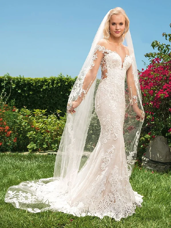 Designer Gown Casablanca 2356 Size 14 Lace Fit and Flare Bodice Long Sleeve Plunging Sweetheart Neckline Low Back Long Wedding Gown Designer Gown Casablanca 2356 Size 14 Lace Fit and Flare Bodice Long Sleeve Plunging Sweetheart Neckline Low Back Long Wedding Gown