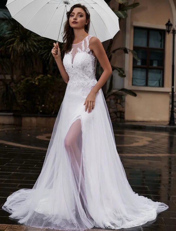 Elegant Beaded Dress Customize Wedding Dress Lace Tulle A-Line Jewel Neck Sleeveless Natural Waist With Train Bridal Dresses Elegant Beaded Dress Customize Wedding Dress Lace Tulle A-Line Jewel Neck Sleeveless Natural Waist With Train Bridal Dresses