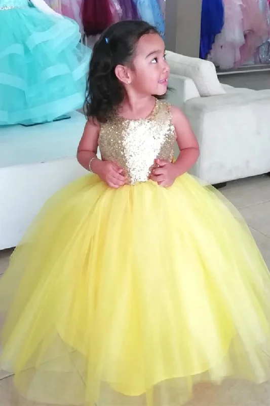 Embellished Maxi Dress Cute A-line Yellow Flower Girl Dress with Bowknot
