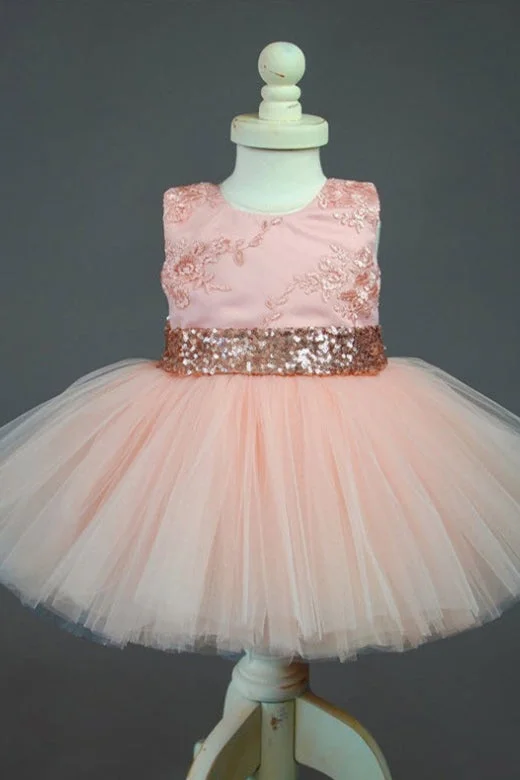 Tulle Skirt Dress Cute Appliqued Rose Gold Flower Girl Dress with Bow Knot