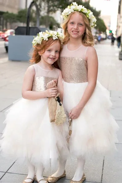 Timeless Satin Dress Cute Ball Gown Gold and Ivory Flower Girl Dress