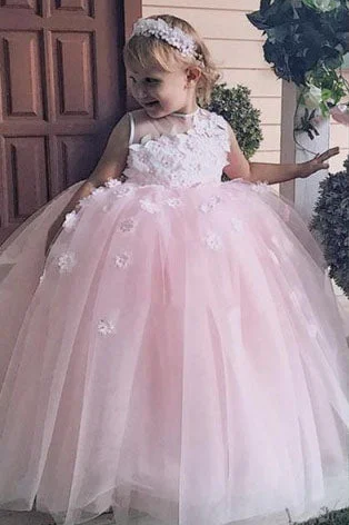 Elegant Gown Cute Ball Gown Lace Appliques Pink Flower Girl Dress
