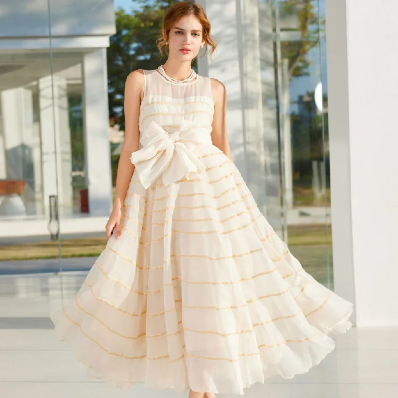 Sequin Gown Cute Crew Neck Bow Tie High Waist A Line Sleeveless Striped Tulle Maxi Dress Sequin Gown Cute Crew Neck Bow Tie High Waist A Line Sleeveless Striped Tulle Maxi Dress