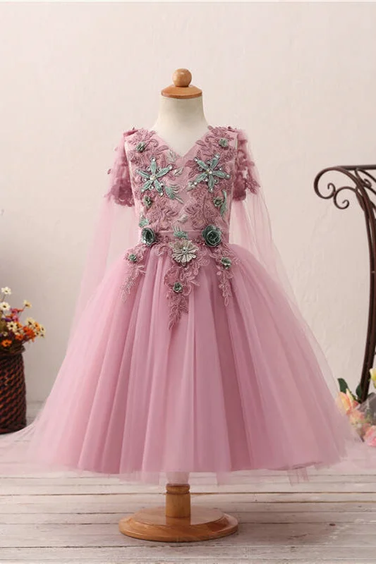 Drape Sleeve Dress Cute Floral Appliques Toddler Lilac Flower Girl Dress