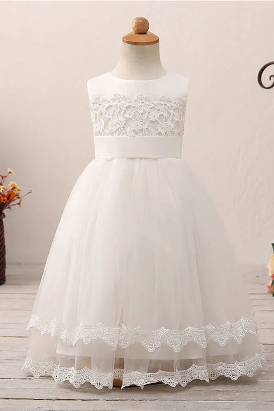 Modest Formal Dress Cute Floral Appliques White Flower Girl Dress with Bow