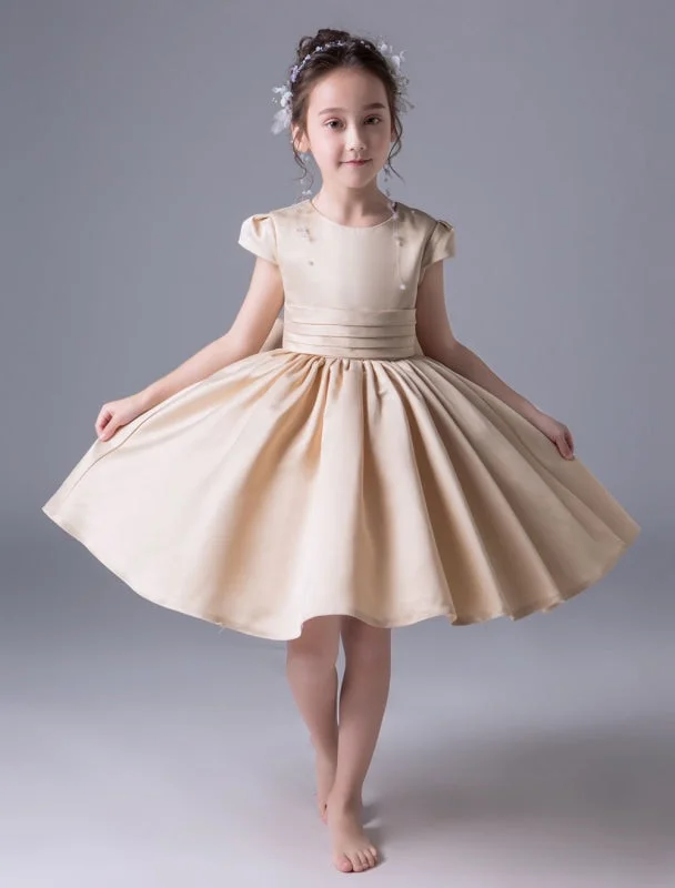 Statement Sleeve Dress Cute Flower Girl Dresses Short Sleeve Satin Princess Dress Pleated Kids Party Dresses
