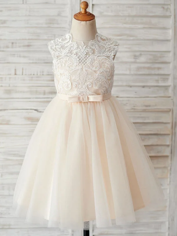 Stunning Party Dress Cute Jewel Neck Lace Tulle Flower Girl Dresses Champagne Sleeveless Pearls Formal Dress for Kids