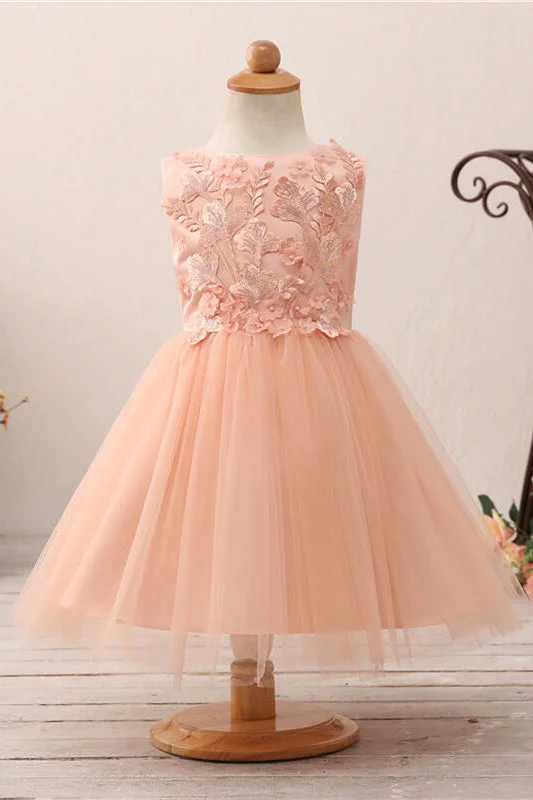 Satin Slip Dress Cute Lace Appliques Toddler Peach Flower Girl Dress with Bowknot