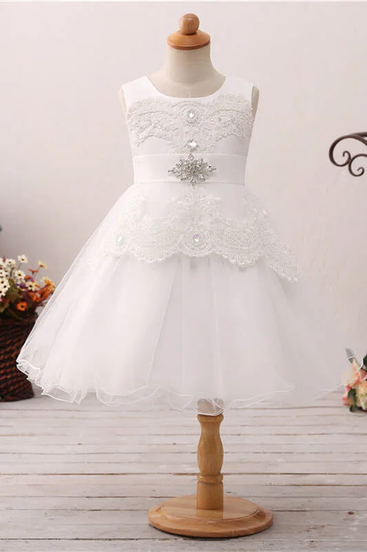 Illusion Neckline Dress Cute Lace Appliques Toddler White Flower Girl Dress with Beads