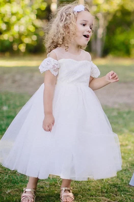Cocktail Dress Cute Lace Sleeves Jewel Neck White Flower Girl Dress