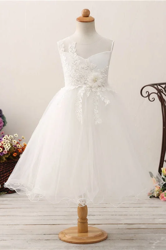 One-Shoulder Gown Cute Leaf Appliques White Flower Girl Dress with Bow