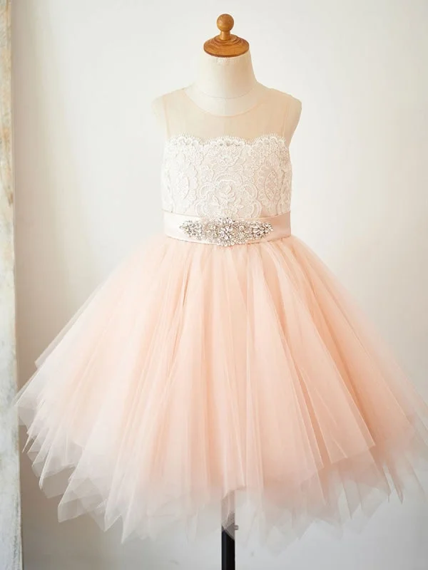 Embellished Dress Cute Peach Short Tulle Lace Flower Girl Dresses Jewel Neck Sleeveless Knee-Length Princess Silhouette Kids Party Dresses