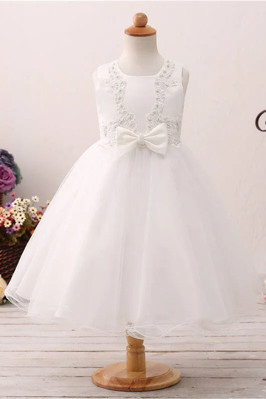 Embellished Dress Cute Pearls Toddler White Flower Girl Dress with Bow
