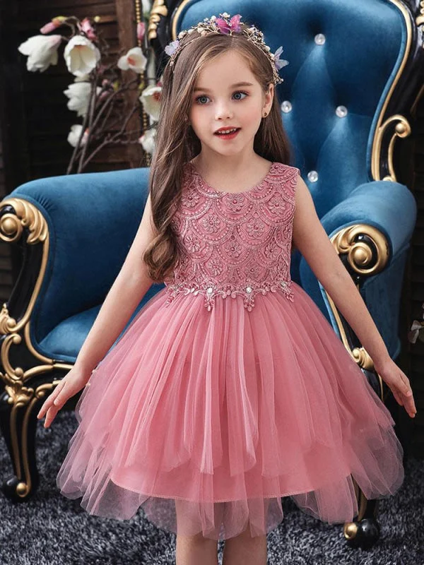 Full Skirt Dress Cute Pink Floral Flower Girl Dresses embroidery Jewel Neck Little Girl Formal Dress