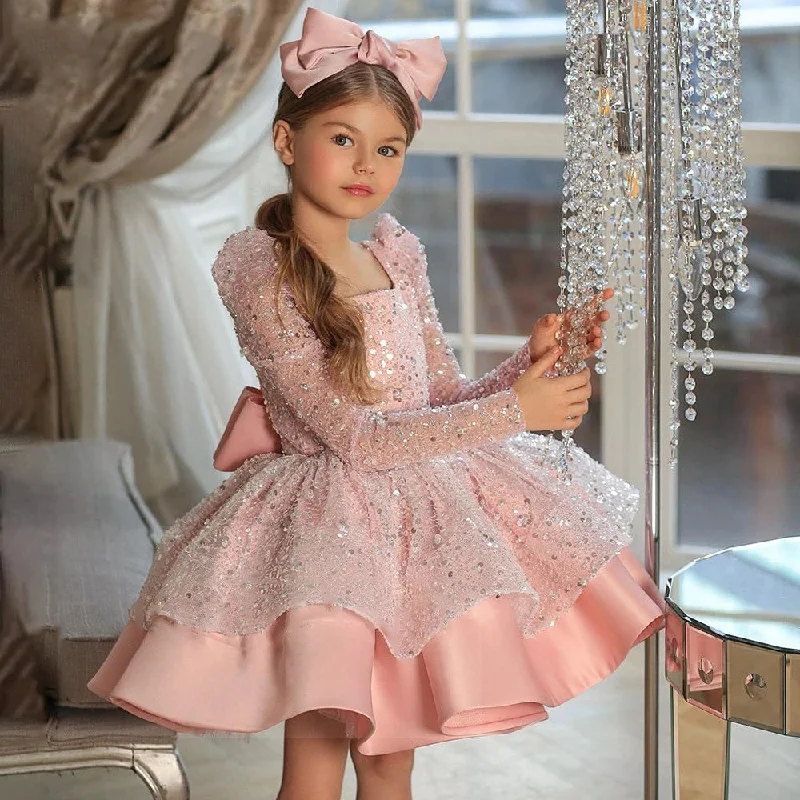 Rose Gold Dress Cute Pink Kids Party Dresses for Birthday Long Sleeves