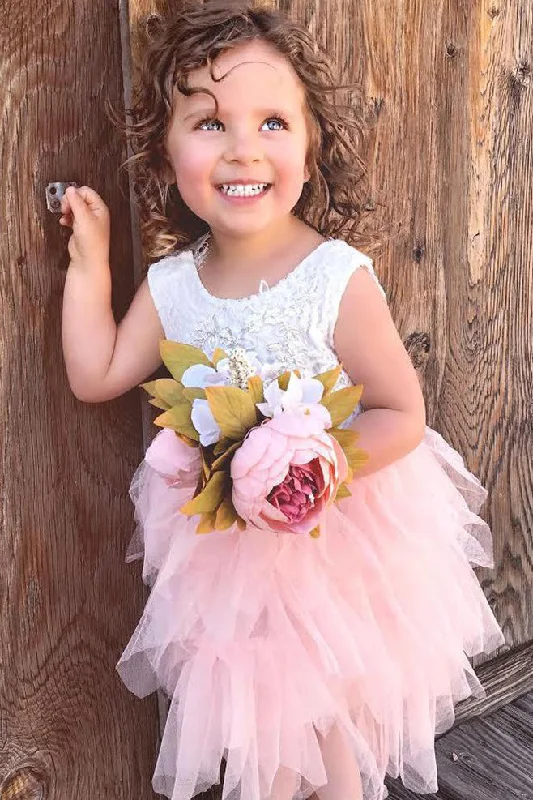 Classic Gown Cute Pink Tiered Flower Girl Dress with Lace Top