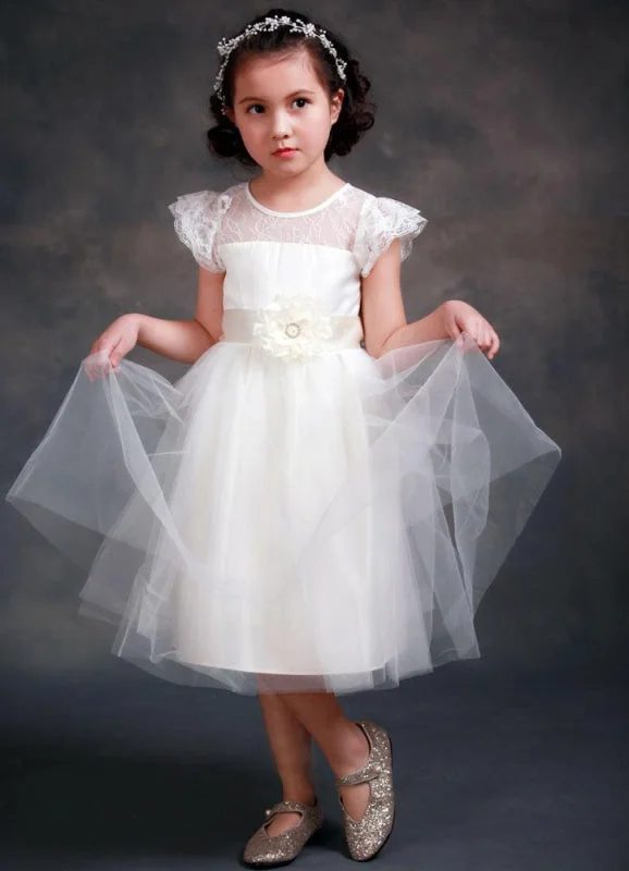 Glitter Dress Cute Satin Girl'S Princess Formal Dress Short Sleeves Ball Gown Illusion Neck