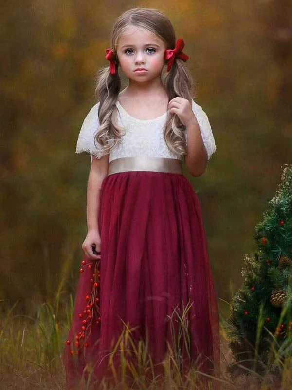 Applique Gown Cute Short Sleeves Little Girl Dresses Jewel Neck Kids Party Dresses